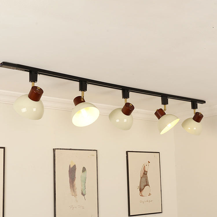Contemporary Nordic Iron Wood Bowl Adjustable Track Lighting Semi-Flush Mount for Dining Room