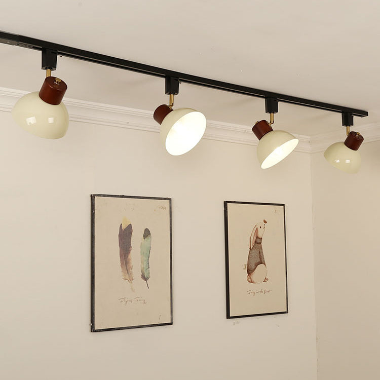 Contemporary Nordic Iron Wood Bowl Adjustable Track Lighting Semi-Flush Mount for Dining Room