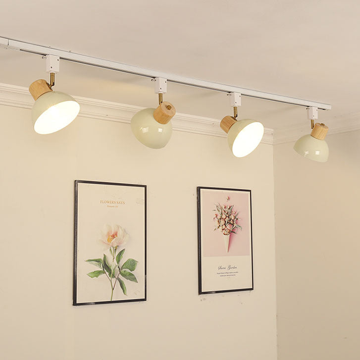 Contemporary Nordic Iron Wood Bowl Adjustable Track Lighting Semi-Flush Mount for Dining Room