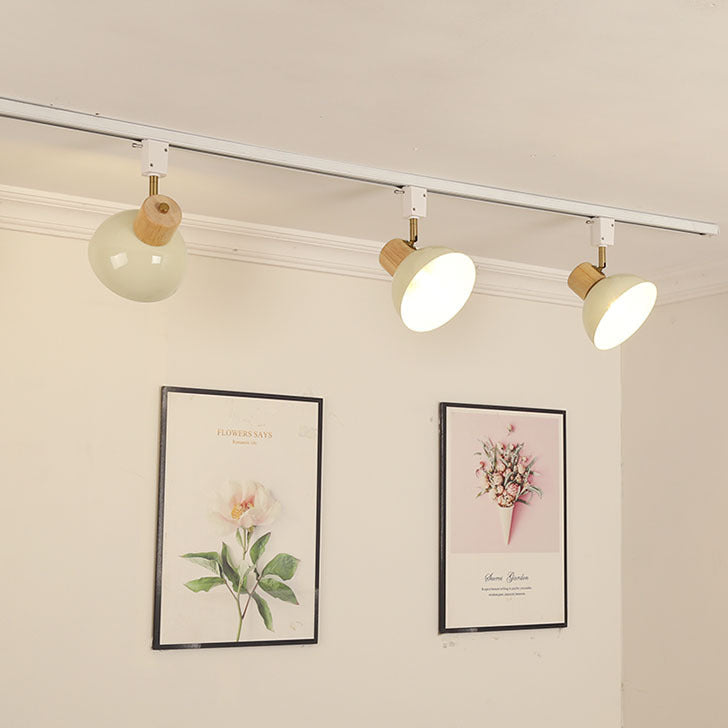 Contemporary Nordic Iron Wood Bowl Adjustable Track Lighting Semi-Flush Mount for Dining Room