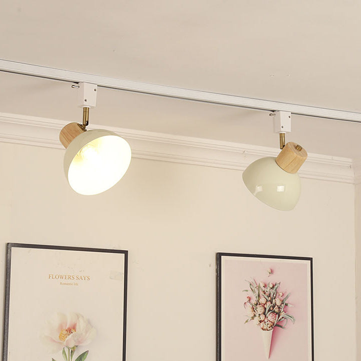 Contemporary Nordic Iron Wood Bowl Adjustable Track Lighting Semi-Flush Mount for Dining Room