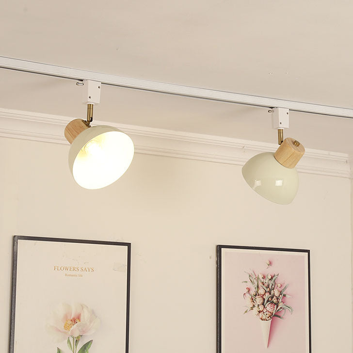 Contemporary Nordic Iron Wood Bowl Adjustable Track Lighting Semi-Flush Mount for Dining Room