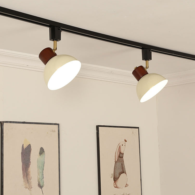 Contemporary Nordic Iron Wood Bowl Adjustable Track Lighting Semi-Flush Mount for Dining Room