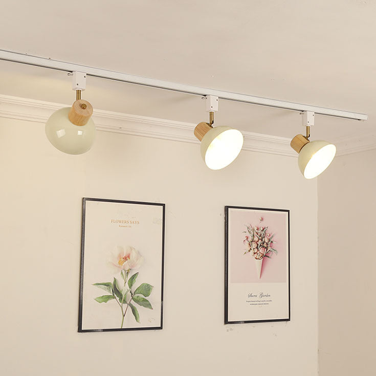 Contemporary Nordic Iron Wood Bowl Adjustable Track Lighting Semi-Flush Mount for Dining Room