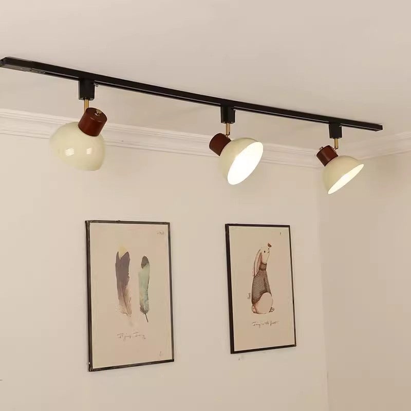 Contemporary Nordic Iron Wood Bowl Adjustable Track Lighting Semi-Flush Mount for Dining Room