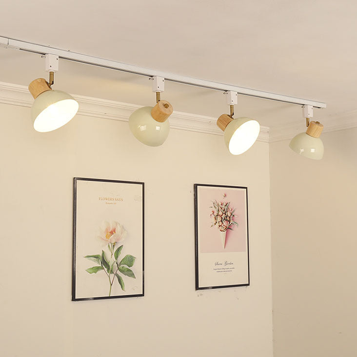 Contemporary Nordic Iron Wood Bowl Adjustable Track Lighting Semi-Flush Mount for Dining Room