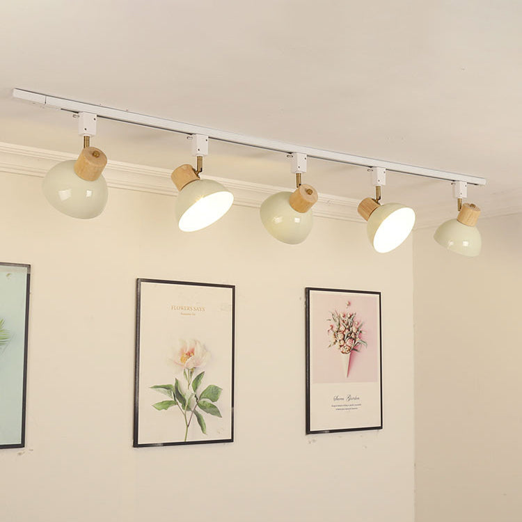 Contemporary Nordic Iron Wood Bowl Adjustable Track Lighting Semi-Flush Mount for Dining Room