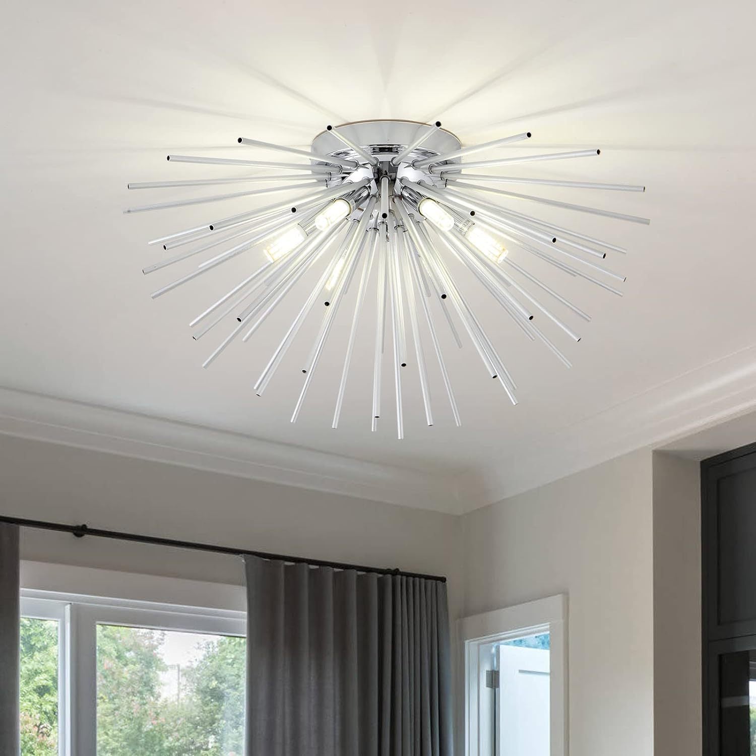 Contemporary Nordic Stainless Steel Firework 6-Light Semi-Flush Mount Ceiling Light for Living Room