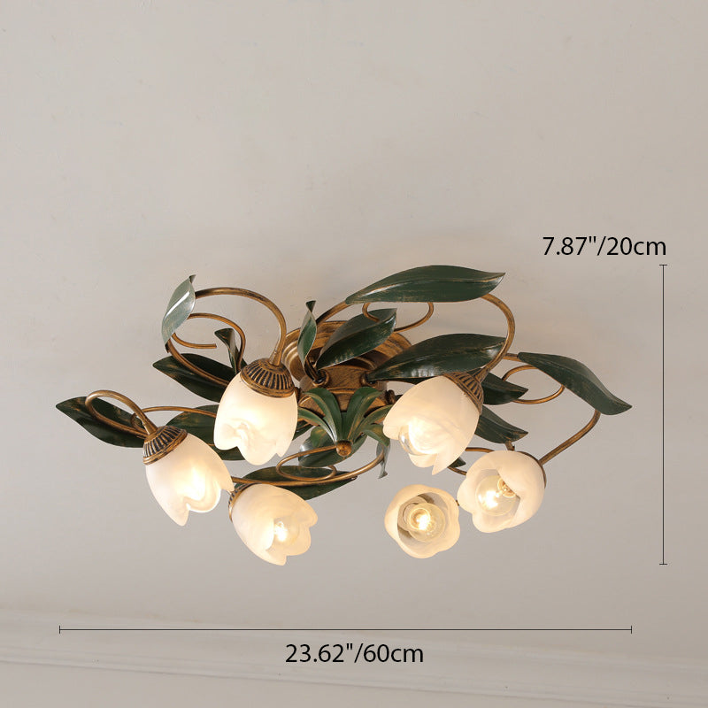 Traditional Farmhouse Iron Glass Floral Leaf Semi-Flush Mount Ceiling Light - 6/8/10 Light for Living Room