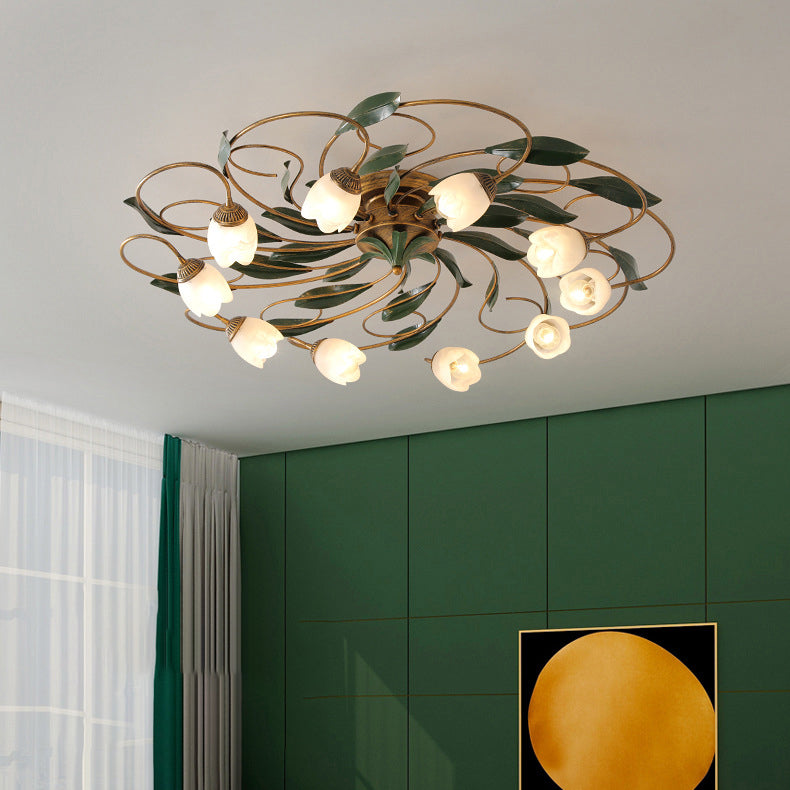 Traditional Farmhouse Iron Glass Floral Leaf Semi-Flush Mount Ceiling Light - 6/8/10 Light for Living Room