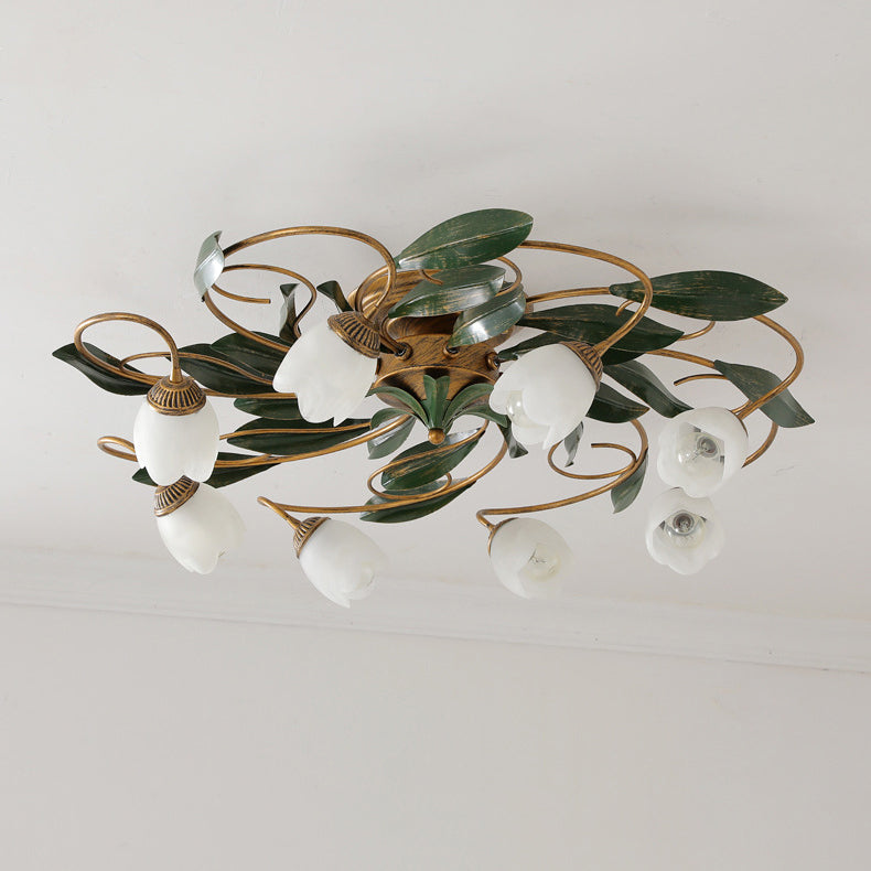 Traditional Farmhouse Iron Glass Floral Leaf Semi-Flush Mount Ceiling Light - 6/8/10 Light for Living Room