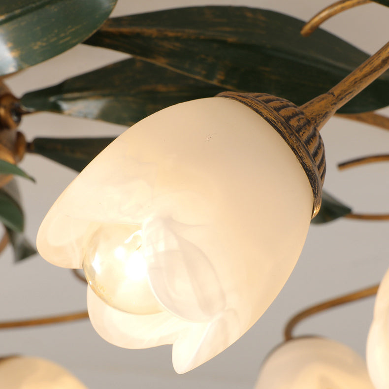 Traditional Farmhouse Iron Glass Floral Leaf Semi-Flush Mount Ceiling Light - 6/8/10 Light for Living Room