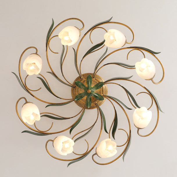 Traditional Farmhouse Iron Glass Floral Leaf Semi-Flush Mount Ceiling Light - 6/8/10 Light for Living Room
