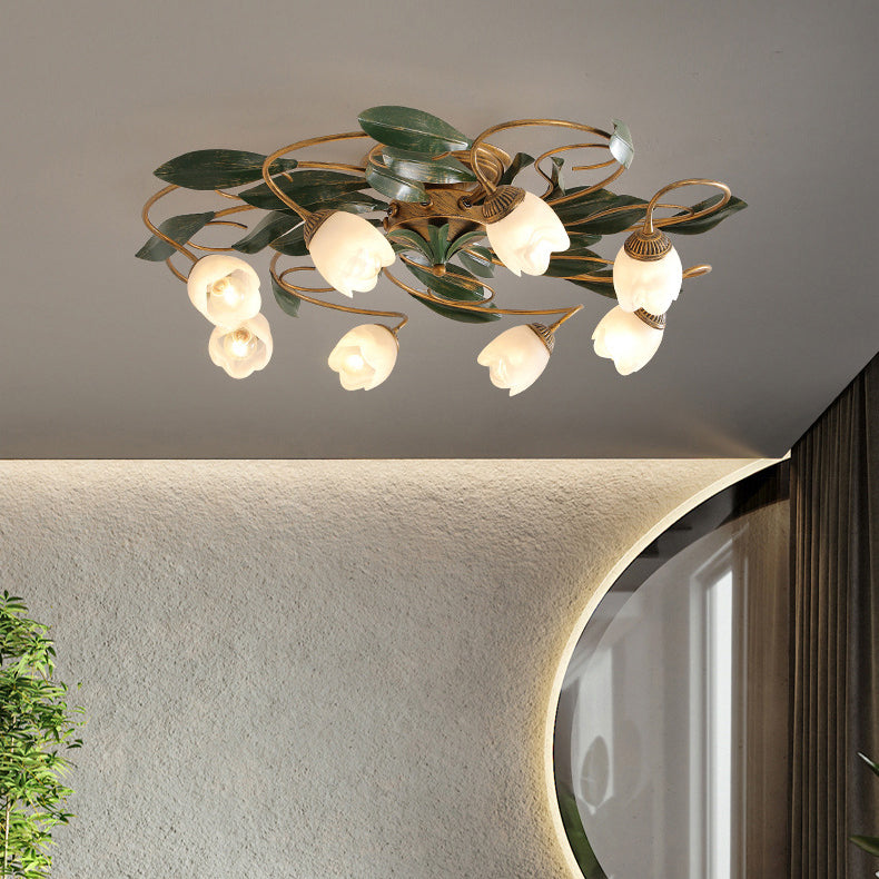 Traditional Farmhouse Iron Glass Floral Leaf Semi-Flush Mount Ceiling Light - 6/8/10 Light for Living Room