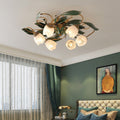 Traditional Farmhouse Iron Glass Floral Leaf Semi-Flush Mount Ceiling Light - 6/8/10 Light for Living Room