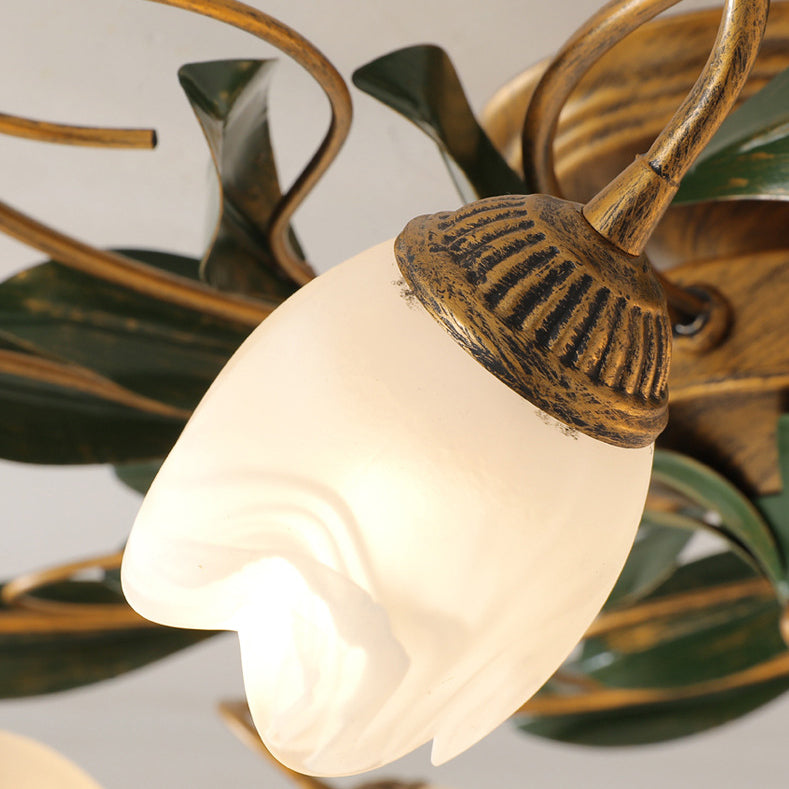 Traditional Farmhouse Iron Glass Floral Leaf Semi-Flush Mount Ceiling Light - 6/8/10 Light for Living Room