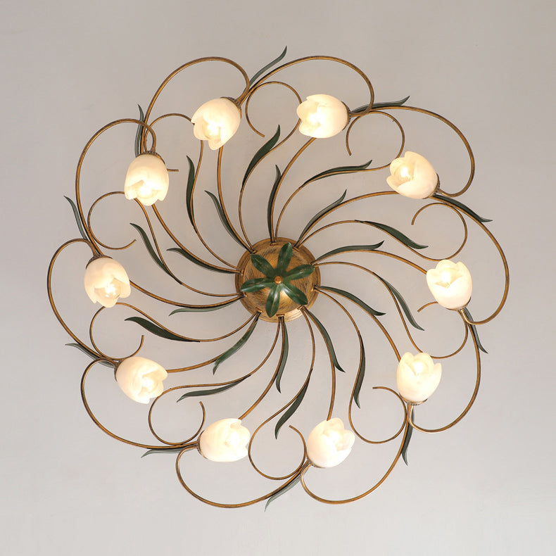 Traditional Farmhouse Iron Glass Floral Leaf Semi-Flush Mount Ceiling Light - 6/8/10 Light for Living Room