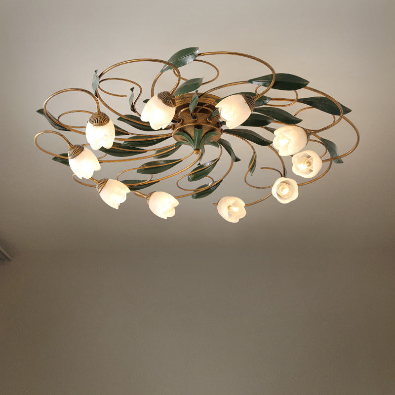 Traditional Farmhouse Iron Glass Floral Leaf Semi-Flush Mount Ceiling Light - 6/8/10 Light for Living Room