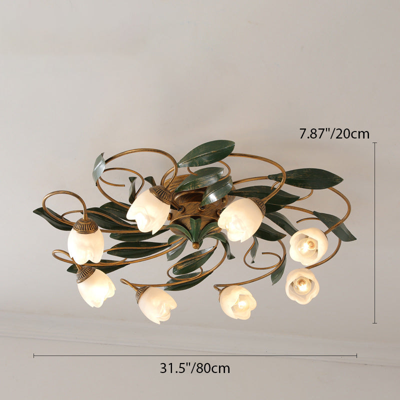 Traditional Farmhouse Iron Glass Floral Leaf Semi-Flush Mount Ceiling Light - 6/8/10 Light for Living Room