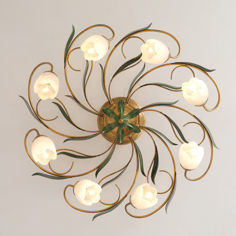 Traditional Farmhouse Iron Glass Floral Leaf Semi-Flush Mount Ceiling Light - 6/8/10 Light for Living Room