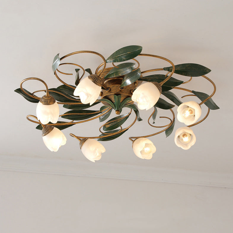 Traditional Farmhouse Iron Glass Floral Leaf Semi-Flush Mount Ceiling Light - 6/8/10 Light for Living Room
