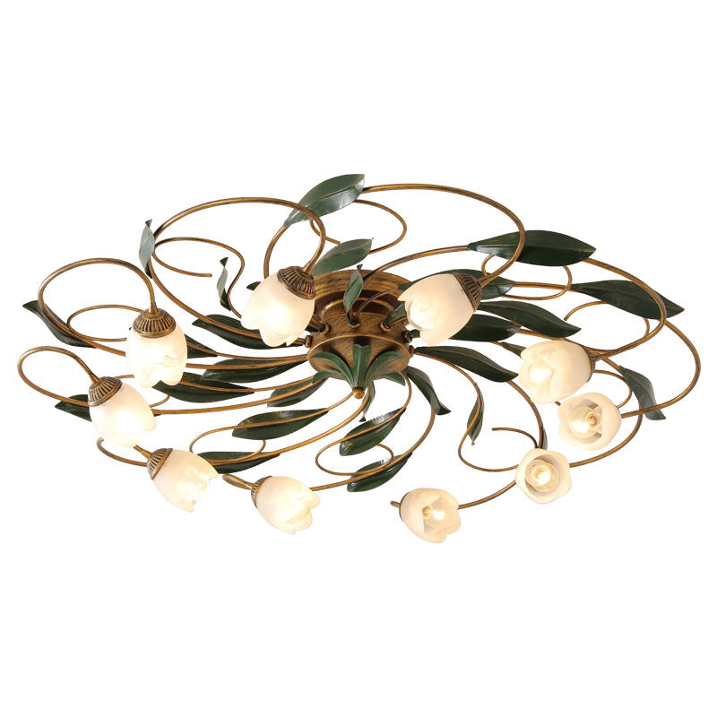 Traditional Farmhouse Iron Glass Floral Leaf Semi-Flush Mount Ceiling Light - 6/8/10 Light for Living Room