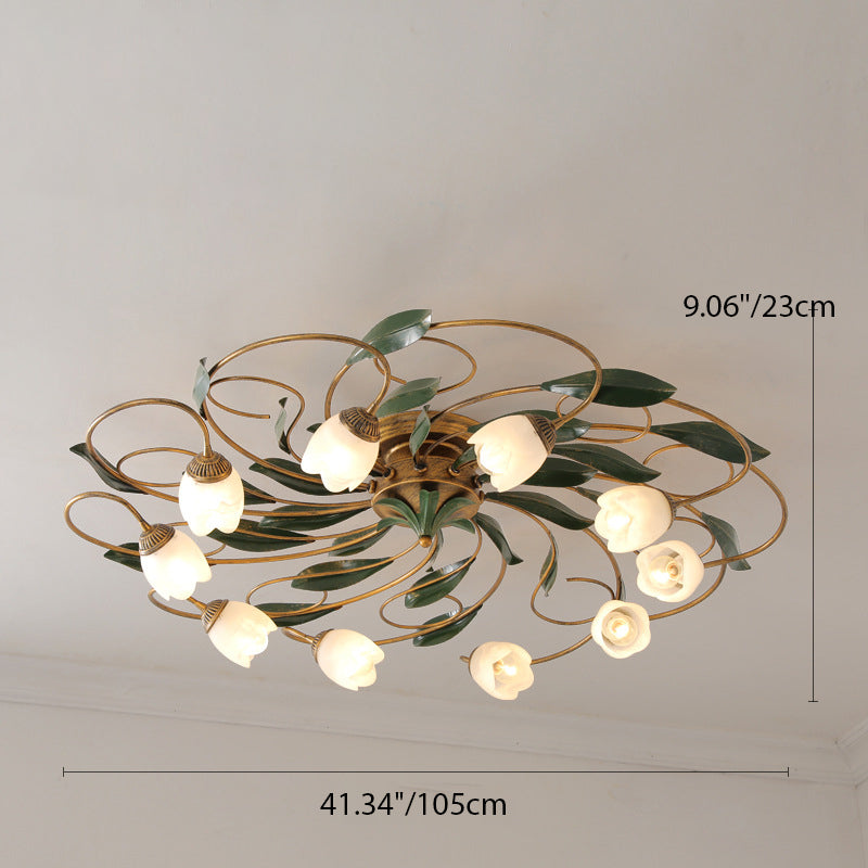 Traditional Farmhouse Iron Glass Floral Leaf Semi-Flush Mount Ceiling Light - 6/8/10 Light for Living Room