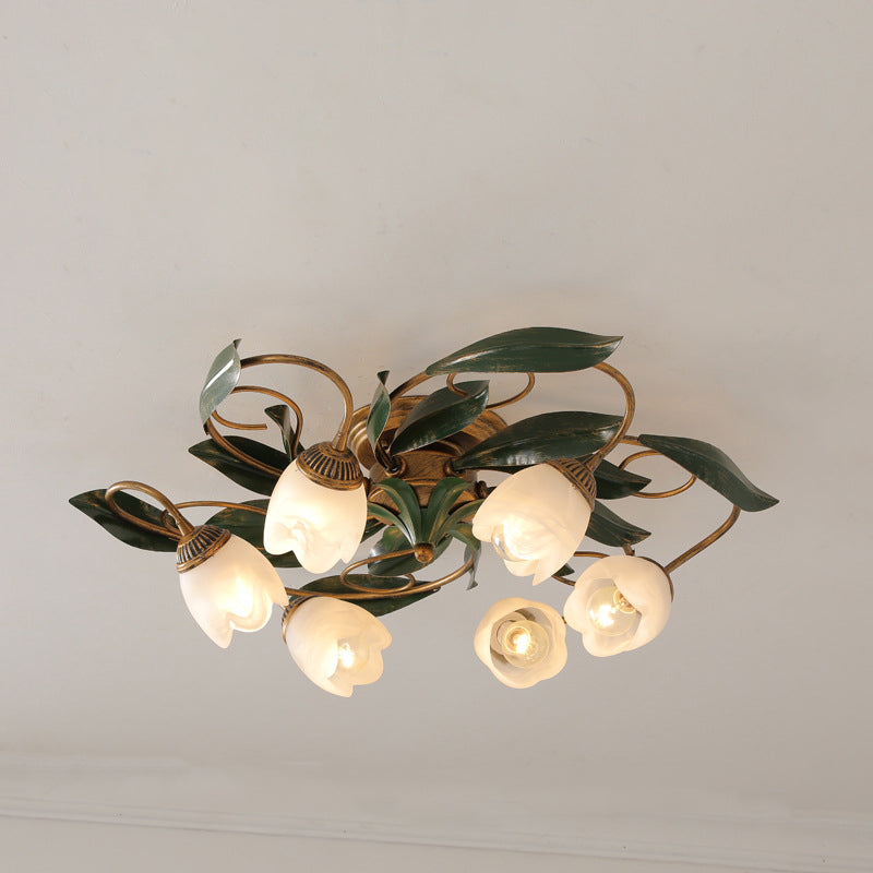 Traditional Farmhouse Iron Glass Floral Leaf Semi-Flush Mount Ceiling Light - 6/8/10 Light for Living Room