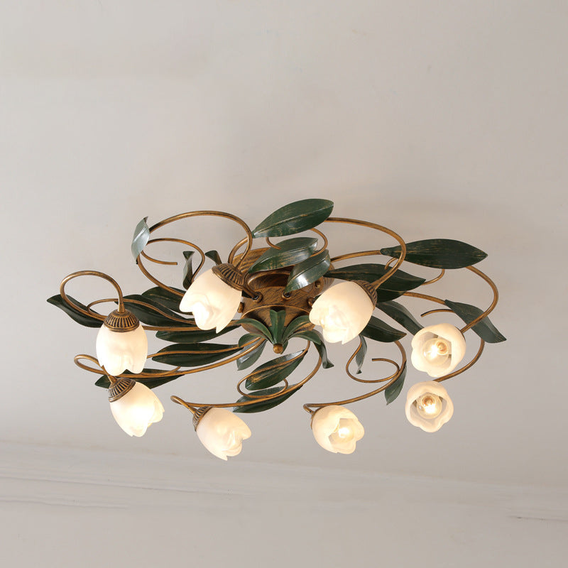 Traditional Farmhouse Iron Glass Floral Leaf Semi-Flush Mount Ceiling Light - 6/8/10 Light for Living Room