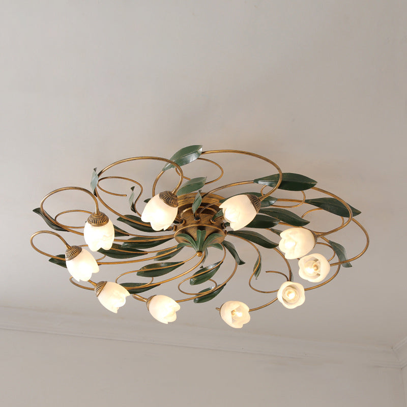 Traditional Farmhouse Iron Glass Floral Leaf Semi-Flush Mount Ceiling Light - 6/8/10 Light for Living Room