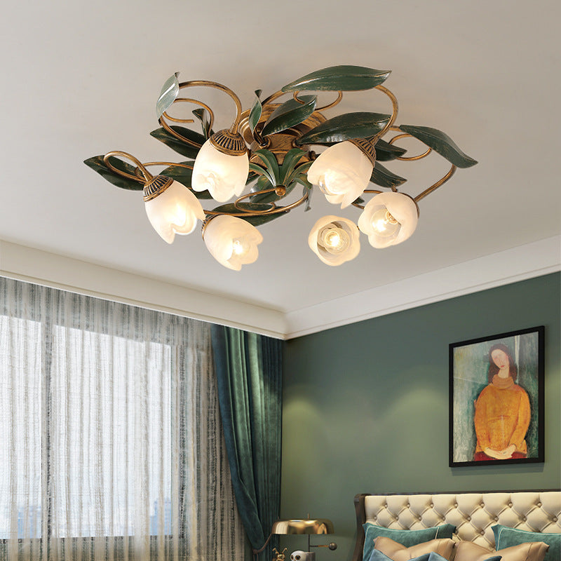Traditional Farmhouse Iron Glass Floral Leaf Semi-Flush Mount Ceiling Light - 6/8/10 Light for Living Room