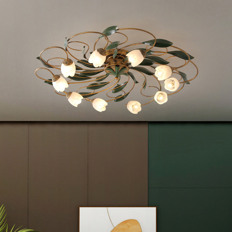 Traditional Farmhouse Iron Glass Floral Leaf Semi-Flush Mount Ceiling Light - 6/8/10 Light for Living Room