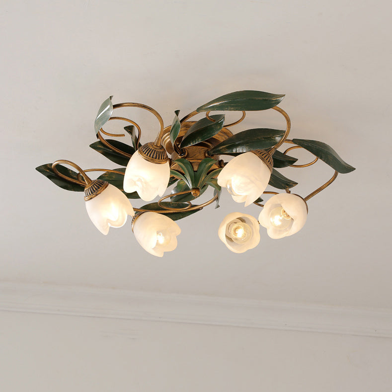 Traditional Farmhouse Iron Glass Floral Leaf Semi-Flush Mount Ceiling Light - 6/8/10 Light for Living Room