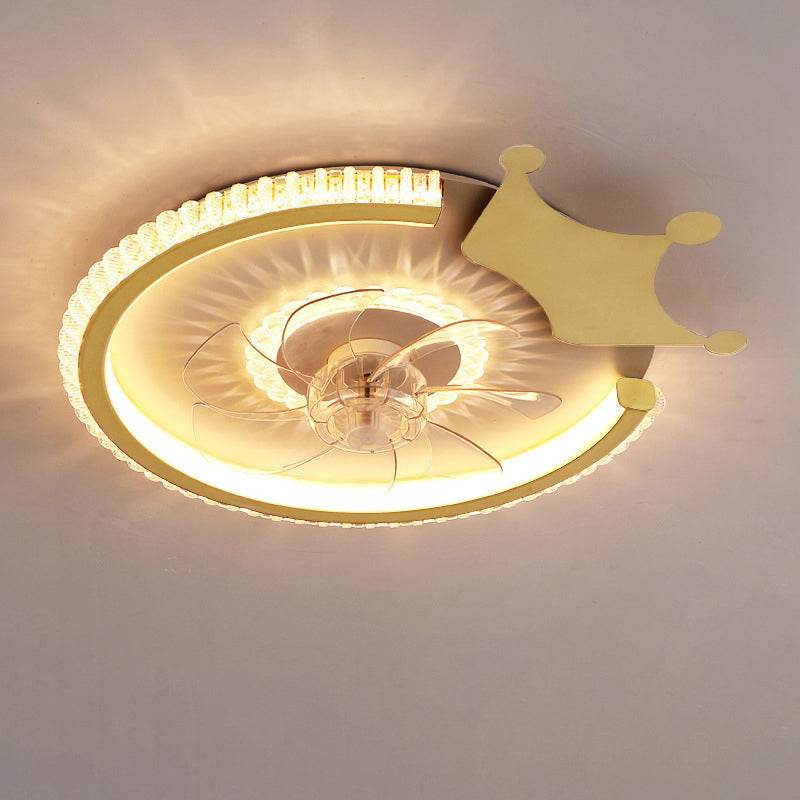 Modern Luxury Kids Round Crown Animal LED Flush Mount Ceiling Fan Light for Bedroom
