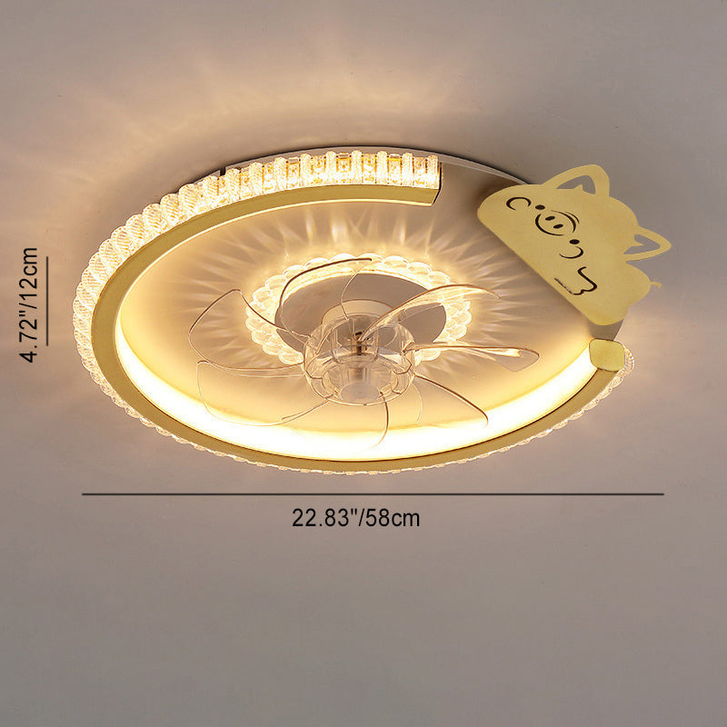 Modern Luxury Kids Round Crown Animal LED Flush Mount Ceiling Fan Light for Bedroom