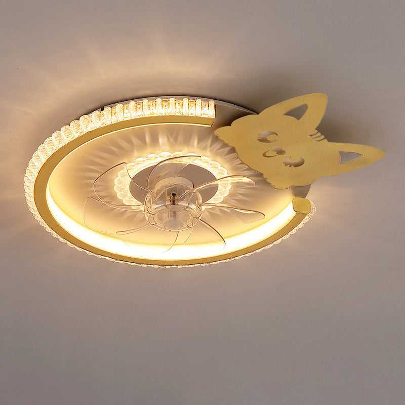 Modern Luxury Kids Round Crown Animal LED Flush Mount Ceiling Fan Light for Bedroom