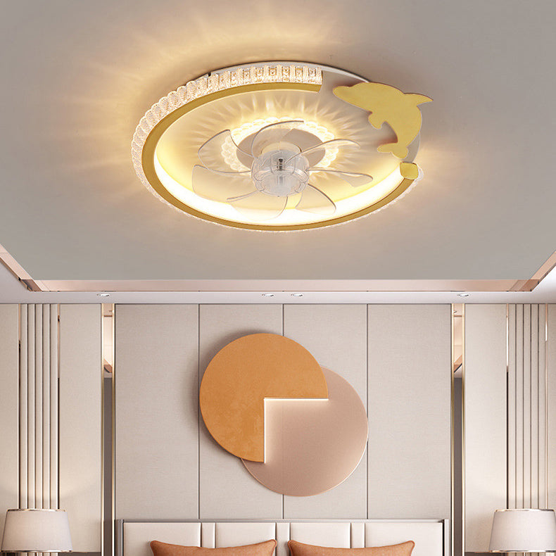 Modern Luxury Kids Round Crown Animal LED Flush Mount Ceiling Fan Light for Bedroom