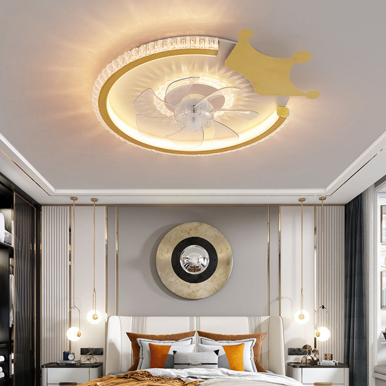 Modern Luxury Kids Round Crown Animal LED Flush Mount Ceiling Fan Light for Bedroom