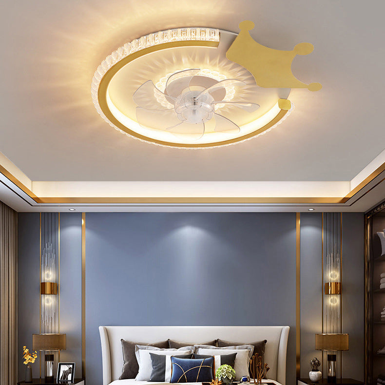 Modern Luxury Kids Round Crown Animal LED Flush Mount Ceiling Fan Light for Bedroom