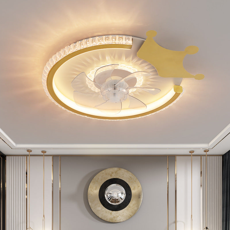 Modern Luxury Kids Round Crown Animal LED Flush Mount Ceiling Fan Light for Bedroom