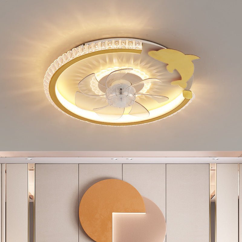 Modern Luxury Kids Round Crown Animal LED Flush Mount Ceiling Fan Light for Bedroom