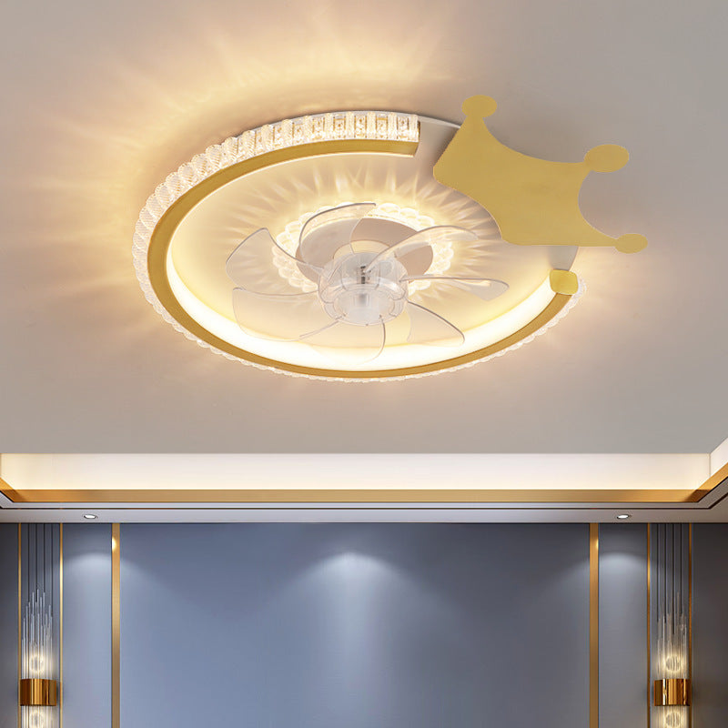Modern Luxury Kids Round Crown Animal LED Flush Mount Ceiling Fan Light for Bedroom