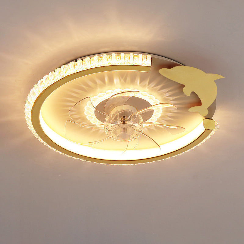 Modern Luxury Kids Round Crown Animal LED Flush Mount Ceiling Fan Light for Bedroom
