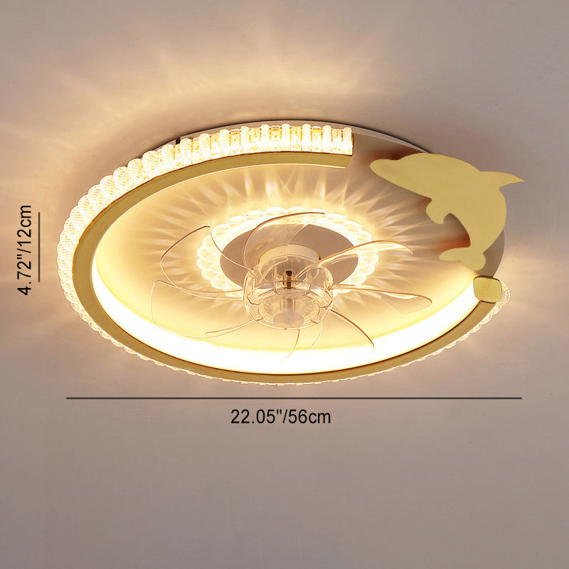Modern Luxury Kids Round Crown Animal LED Flush Mount Ceiling Fan Light for Bedroom