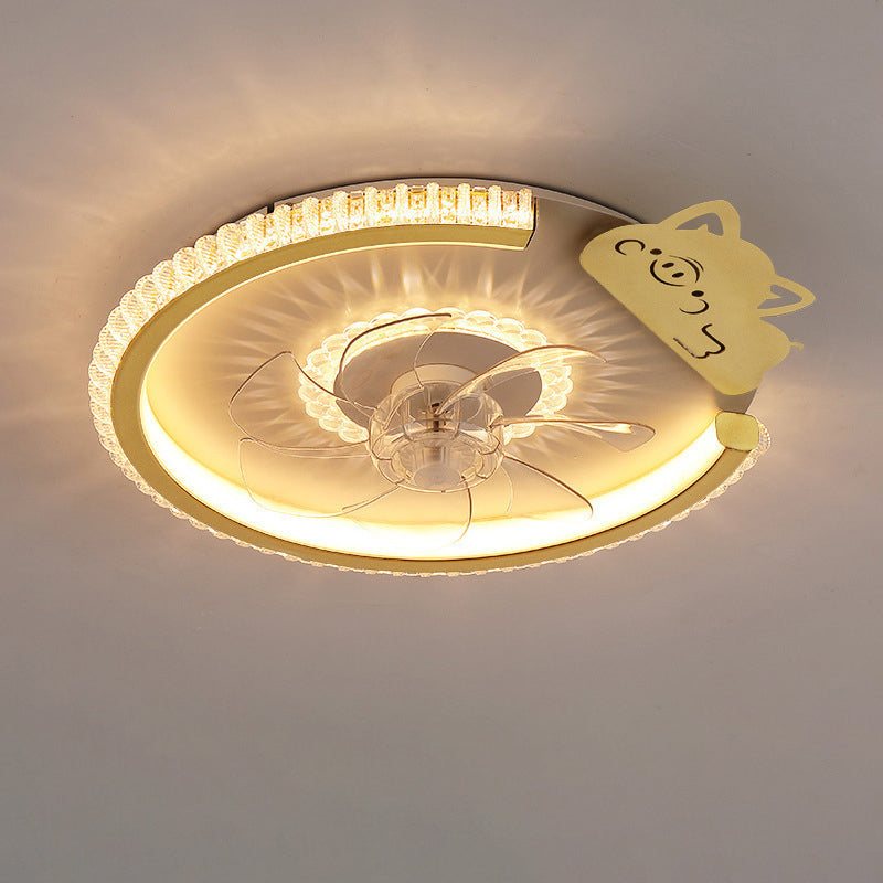 Modern Luxury Kids Round Crown Animal LED Flush Mount Ceiling Fan Light for Bedroom
