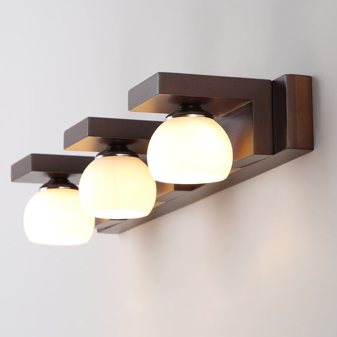 Contemporary Retro Rubber Wood Iron Glass Wall Sconce Lamp for Bathroom Vanity Light 2/3 Light
