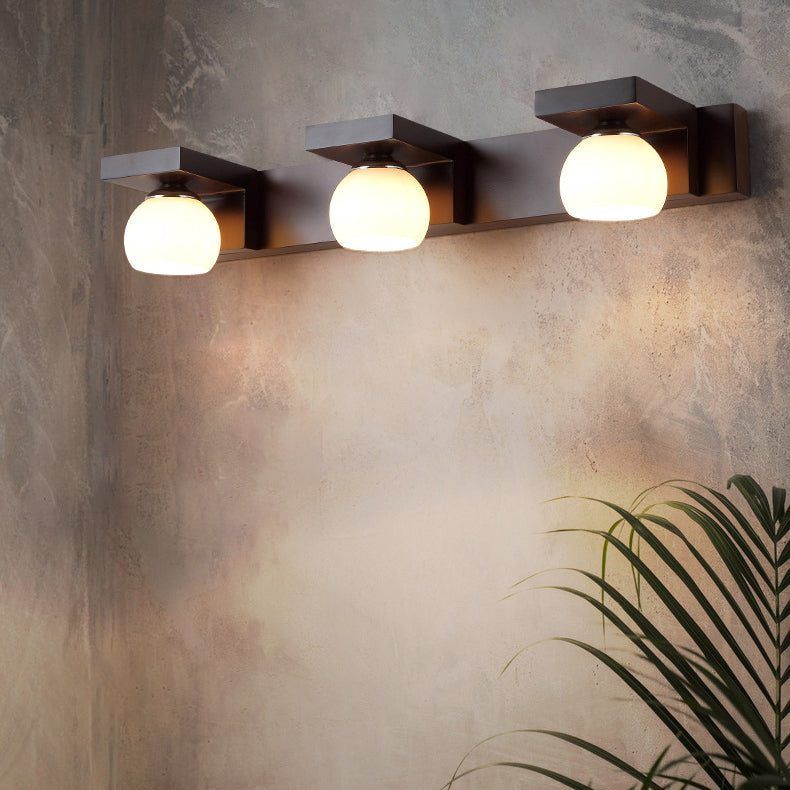 Contemporary Retro Rubber Wood Iron Glass Wall Sconce Lamp for Bathroom Vanity Light 2/3 Light