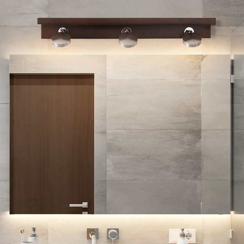 Contemporary Scandinavian LED Wall Sconce - Rotatable Round Rubber Wood & Iron Vanity Light for Bathroom