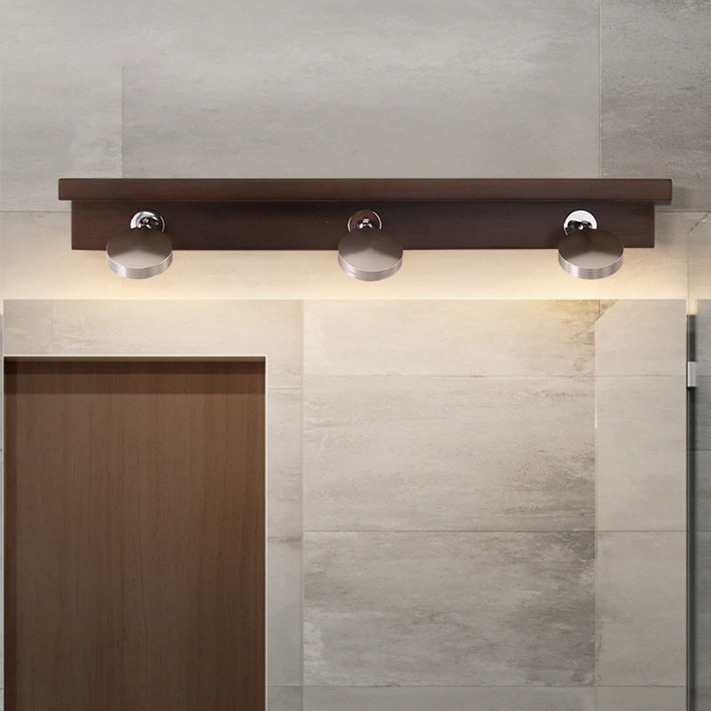 Contemporary Scandinavian LED Wall Sconce - Rotatable Round Rubber Wood & Iron Vanity Light for Bathroom