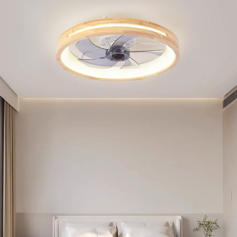 Traditional Japanese Solid Wood LED Flush Mount Ceiling Fan Light for Bedroom
